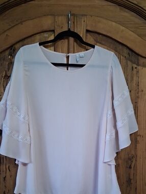 Women's Light Pink Ruffle Sleeve Blouse with Lace Trim